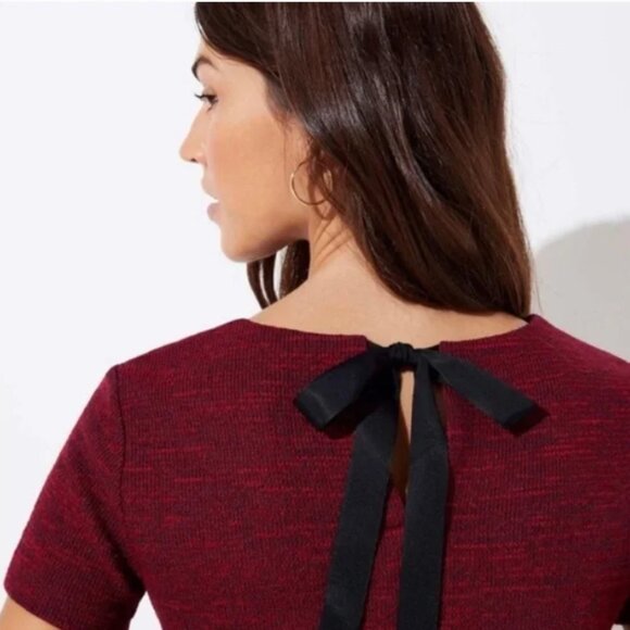 NWOT-Loft Burgundy Tweed Short Sleeve Sheath Dress with Black Bow - Picture 7 of 11